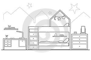 Linear sketch front childroom interior for two girls